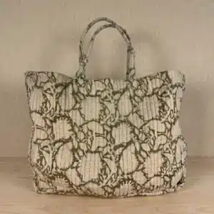 Sac Trotter matelassé en coton block-print kaki 36×45 cm – Chandra 2