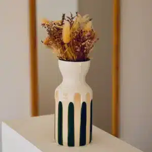 Vase totem en céramique / Vert / Beige - Fabriqué à la main au Portugal