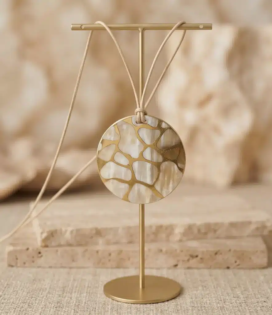 Pendentif en corne blond marbré et cuivre sur lacet réglable – SOYANG Paris 1